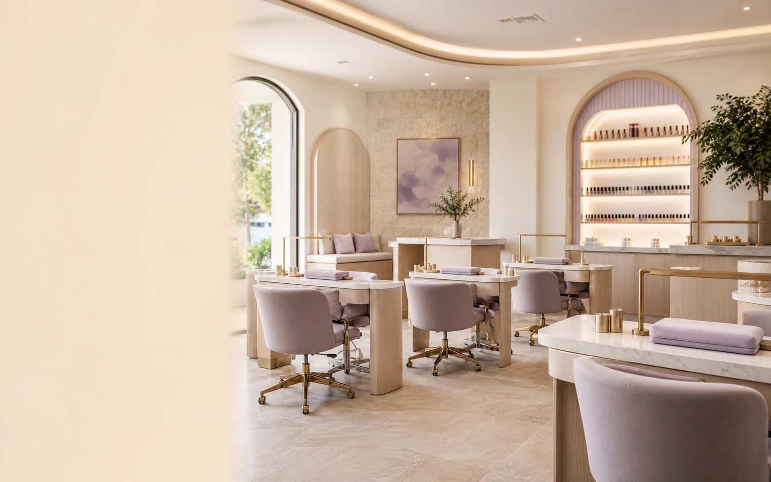 A warm, modern salon prepared for a client visit