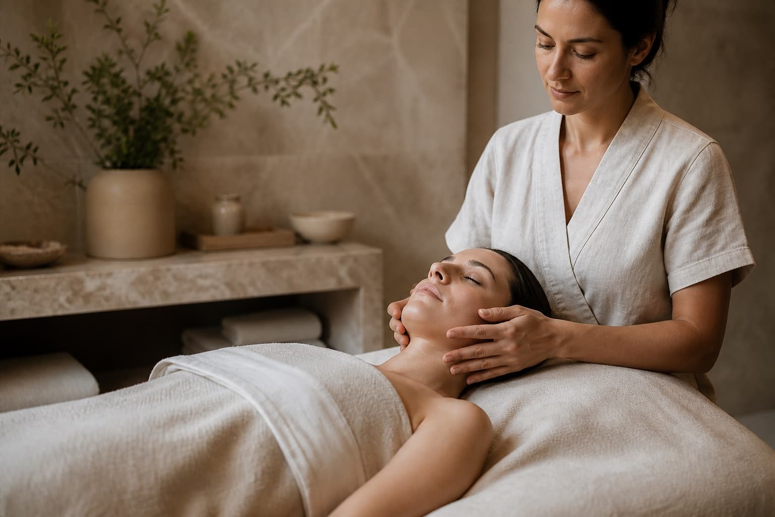 Beauty professional caring for a client