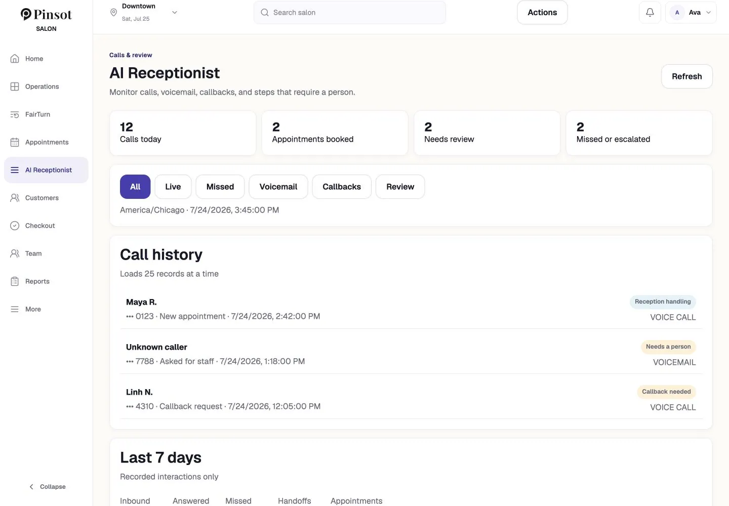 Pinsot AI Receptionist inbox with a call summary and approval controls