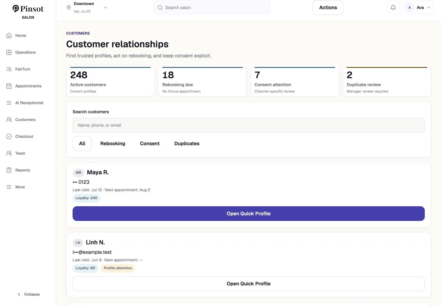 Pinsot customer profile with visit history, preferences, and service context