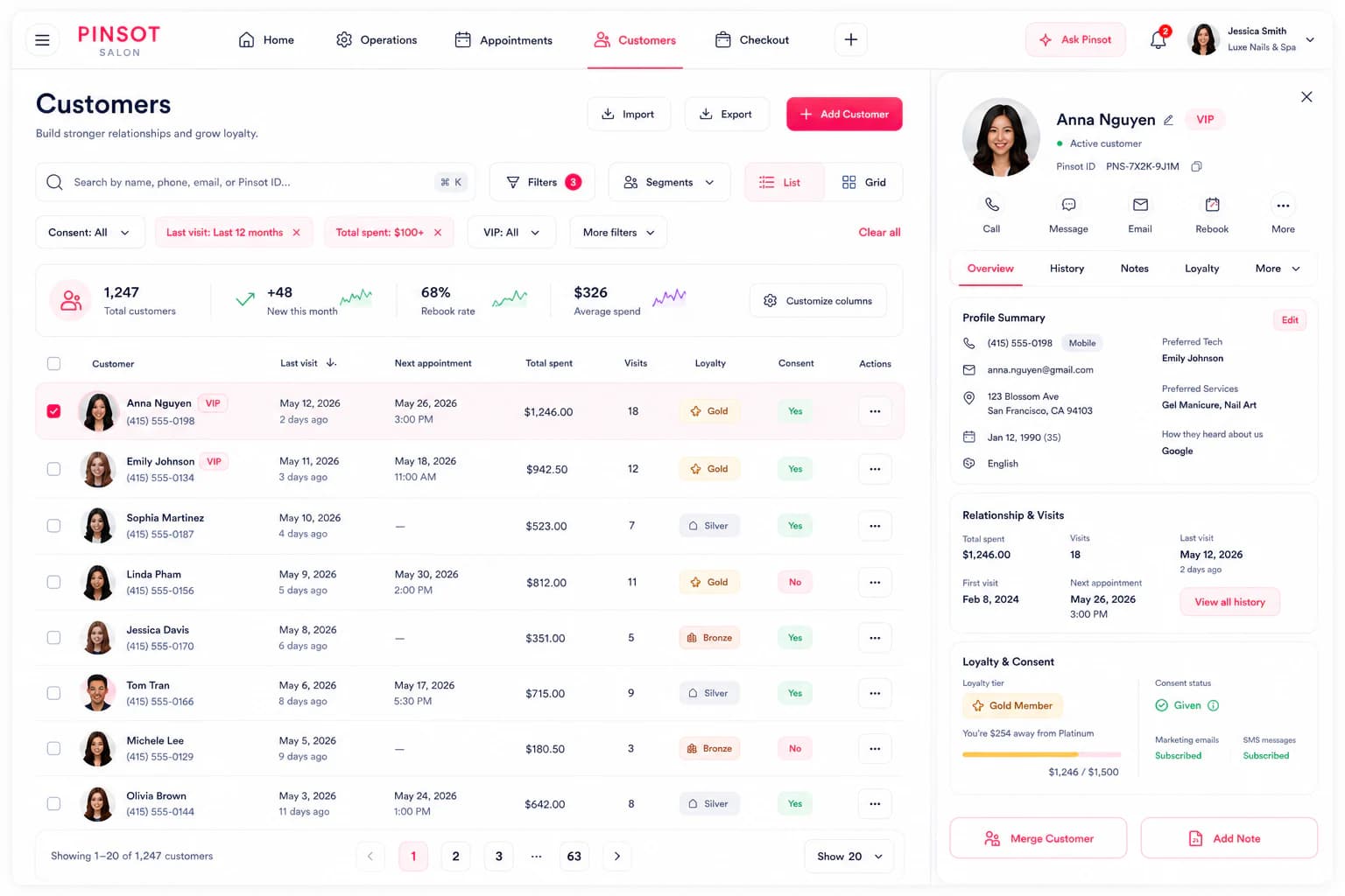 Pinsot Salon client profile workspace