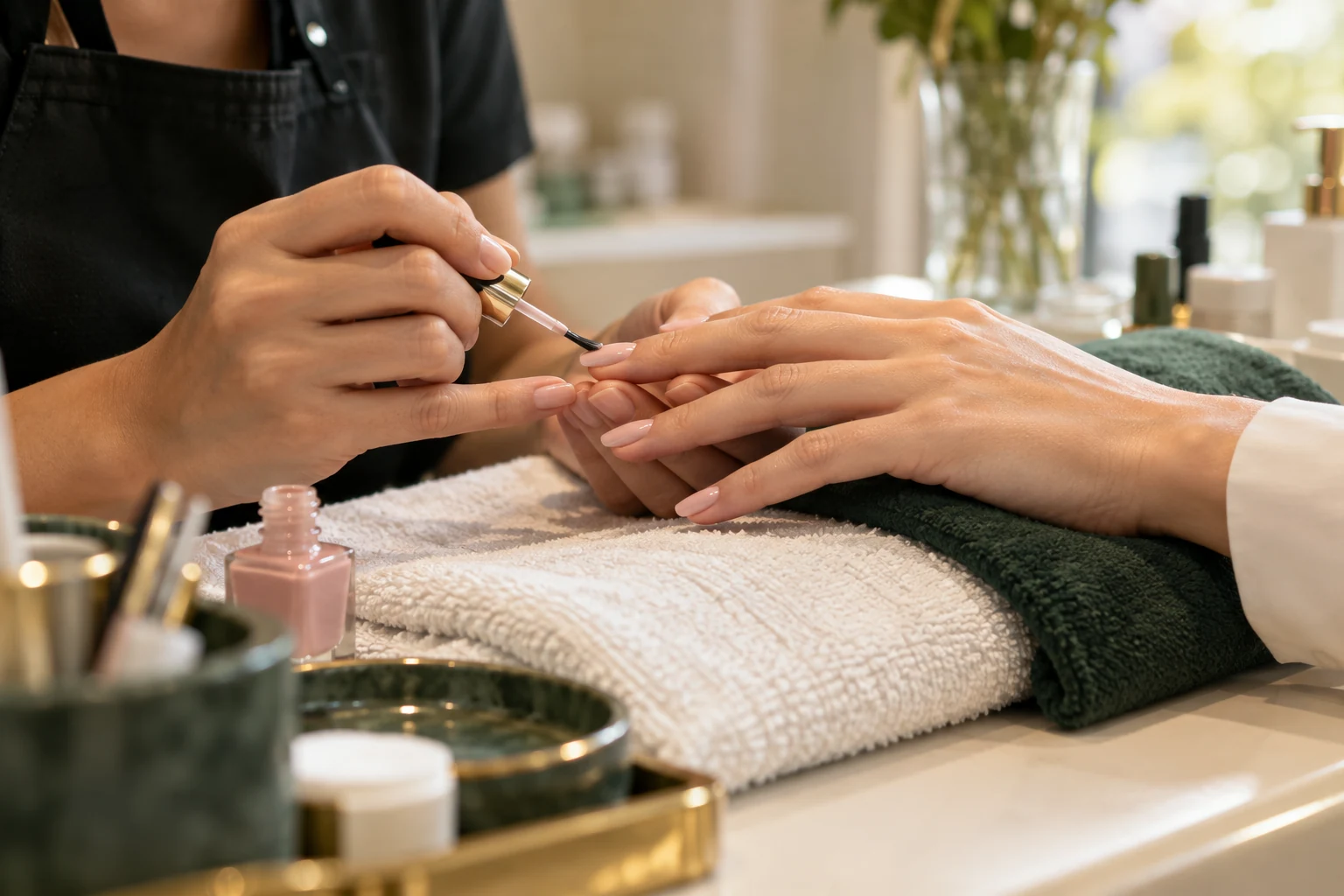 Illustrative close-up of a nail artist carefully applying polish