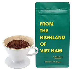 Collection of Cà Phê Xay Việt Nam | Cà phê xay Supremo Blend, Robusta và Arabica cao cấp, rang vừa - đậm, ít axit, ít đắng, hoàn toàn tự nhiên, không chất bảo quản, 12 ounce với 01 ống nhỏ giọt gốm trắng Euro Pour Over Coffee in a gallery layout