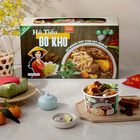 Simly Food Instant Vietnamese Beef Stew Rice Noodles (Hủ Tiếu Bò Kho) - 9 BOWLS/ 75g each