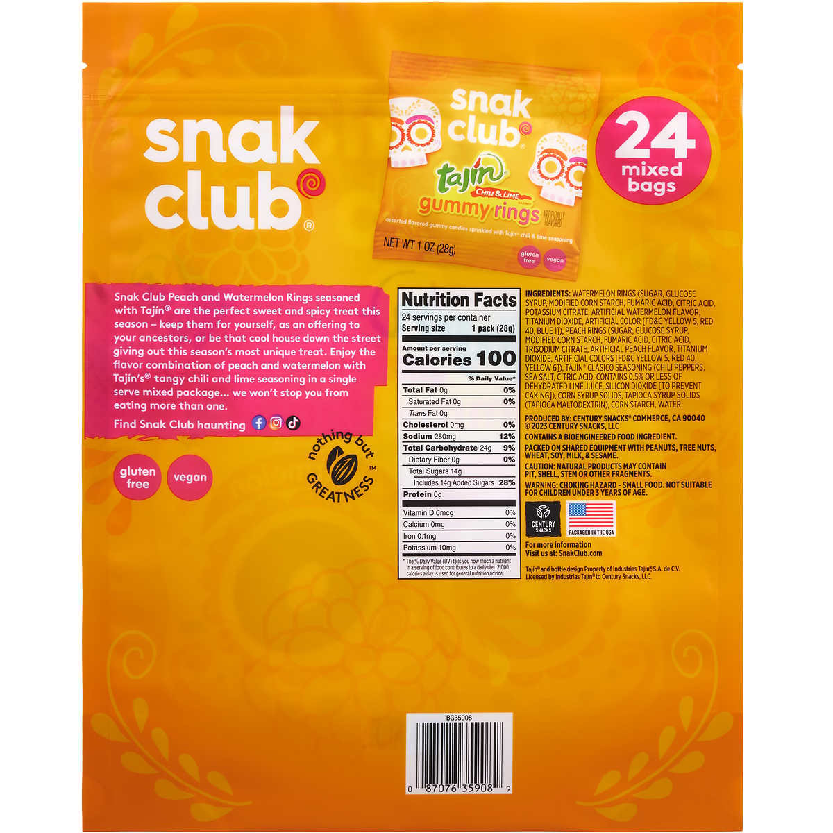 Collection of Snak Club Gummy Rings, Peach & Watermelon, Tajin Chile & Lime, 1 Ounce (24 Pack) in a gallery layout