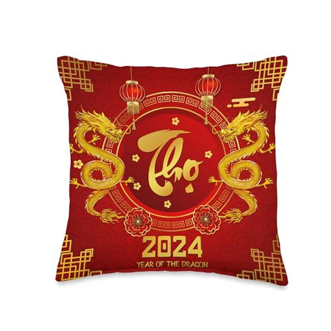 Vietnamese New Year Decorations 2024 Gifts Chuc Mung NAM Moi 2024 Lucky Dragon with Phuc Loc THO Throw Pillow, 16x16, Multicolor