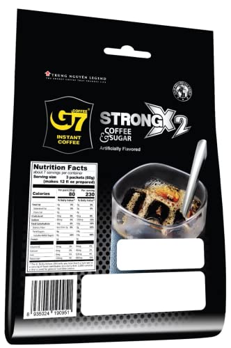 Trung Nguyen G7 Strong X2 Double Strength, 2 in 1 Instant Black Coffee and Sugar (20 Single Serve Packets)