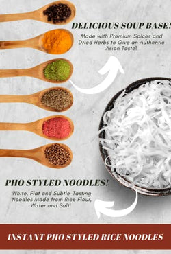 Collection of SIMPLY FOOD Instant Thai Flavored Tom Yum Pho Noodles (Phở Tom Yum) - 9 BOWLS/ 80g each in a gallery layout