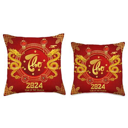 Collection of Vietnamese New Year Decorations 2024 Gifts Chuc Mung NAM Moi 2024 Lucky Dragon with Phuc Loc THO Throw Pillow, 16x16, Multicolor in a gallery layout