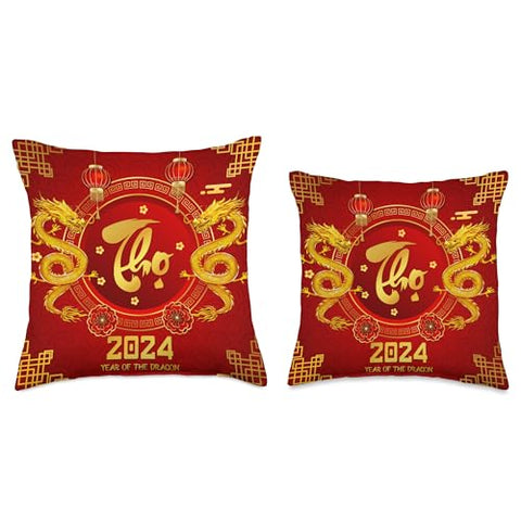 Vietnamese New Year Decorations 2024 Gifts Chuc Mung NAM Moi 2024 Lucky Dragon with Phuc Loc THO Throw Pillow, 16x16, Multicolor