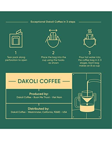 Dakoli Premium Vietnamese Coffee - Pour Over and Single-Serve Coffee, Medium Roast, 100% Robusta Coffee - 10 Bags/ 1 Box