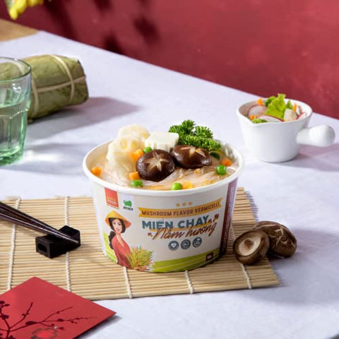 SIMPLY FOOD Instant Mushroom Glass Noodles (Miến Chay Nấm Hương) - 9 BOWLS/ 55g each