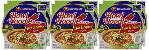 Nongshim Hot & Spicy Instant Ramen Noodle Bowl Soup Mix, 6 Pack, Includes Fish Cakes, Crisp Carrot & Green Onion Topping