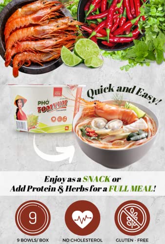 Collection of SIMPLY FOOD Instant Thai Flavored Tom Yum Pho Noodles (Phở Tom Yum) - 9 BOWLS/ 80g each in a gallery layout