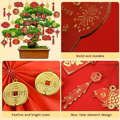40 Pieces Happy Chinese New Year Decorations 2024 Hanging Chinese Knot Pendant Lantern Copper Coin Chinese Luna New Year Decorations Dragon New Years Ornaments for Spring Home Tree Car Party Supply