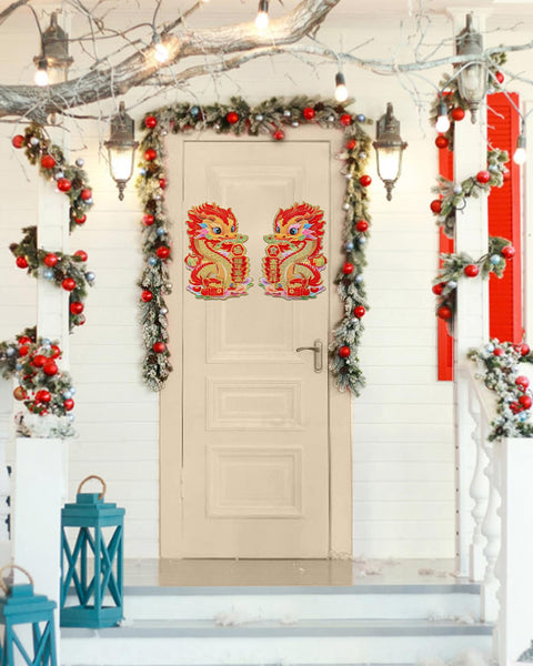 Chinese New Year Blessing Door Sticker Decorative 2024 New Year Zodiac Dragon Character Ornament Wall Window Clings for Home House Restaurant Store Party Decoration (Red